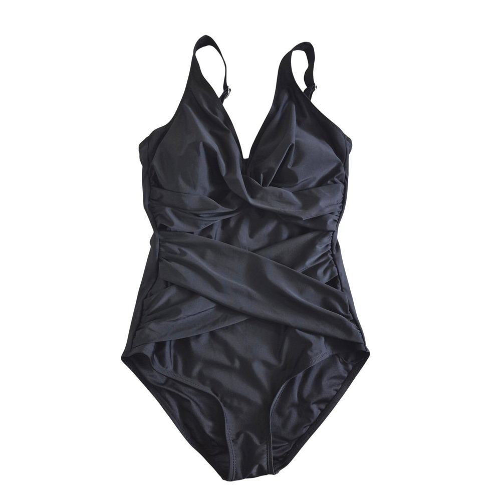 Smismivo‎ Womens Black Tummy Control One Piece Swimsuit Ruched Wrap V-Neck L NEW